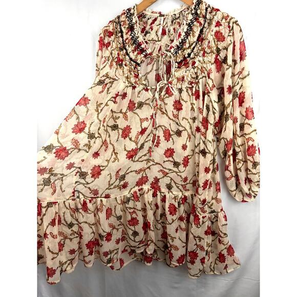 Free People Floral Ruffle Tunic Top Flounce Sleeve Boho Kara SMALL - Picture 4 of 11